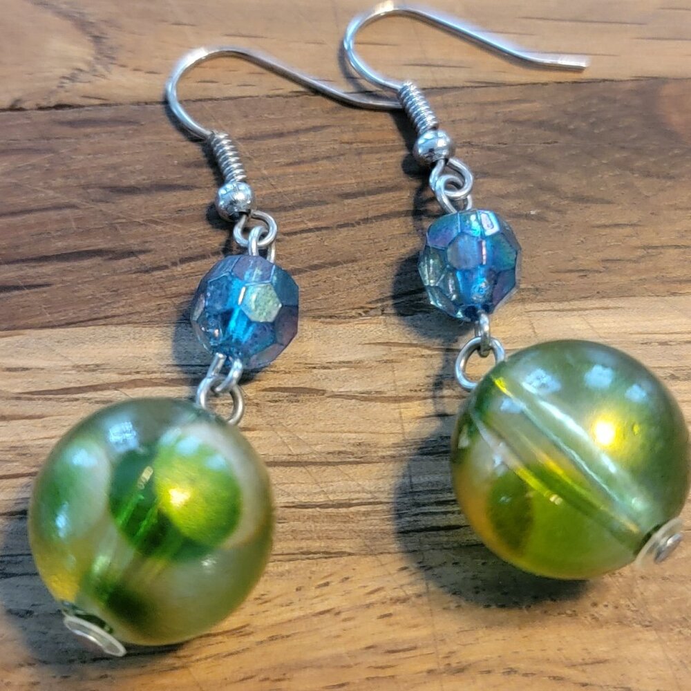 Blue & Green Beaded French Wire Dangle Earrings - Picture 3 of 7